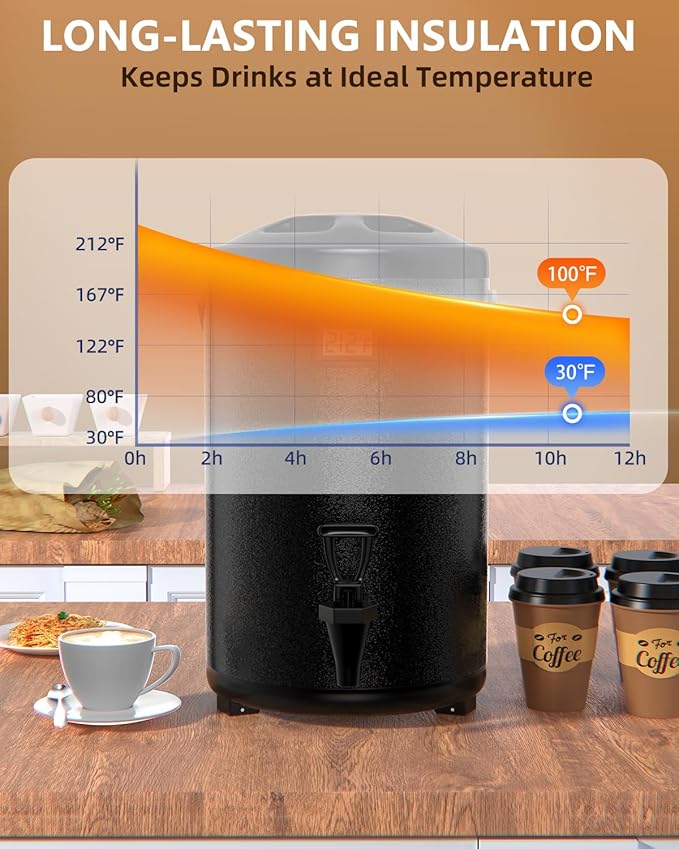 Insulated Beverage Dispenser 2 Gallon, Hot Drink Dispenser with 304 Stainless Steel Interior, Hot Water Dispenser for Parties, Hot Water Urn with Stand for Coffee Chocolate Tea, Black,HP2