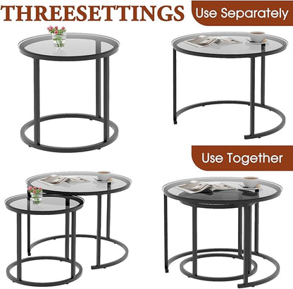 aboxoo Nesting Coffee Table Grey Glass Table Set of 2, Small Round Glass Nesting Tables for Living Room Bedroom, Accent Tea Table with Metal Frame Modern Industrial Simple