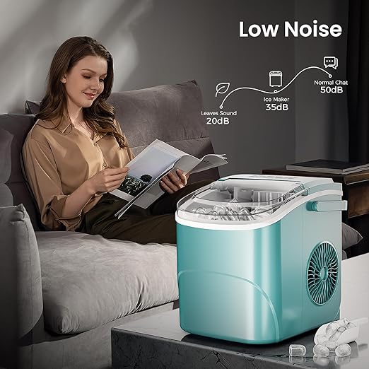 AGLUCKY Ice Makers Countertop with Handle,26.5Lbs/24H,9 Cubes in 6 Mins,2 Sizes of Bullet Ice,Portable Machine with Self-Cleaning,Perfect for Home Kitchen(Green)