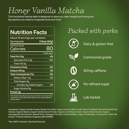 Clevr Blends Organic Honey Vanilla Matcha SuperLatte, Instant Ceremonial Grade, Superfood Powder Blend, Oat Milk, Lions Mane, Reishi Mushroom, Coconut Cream, Ashwagandha, Serve Hot or Iced (14 Lattes)