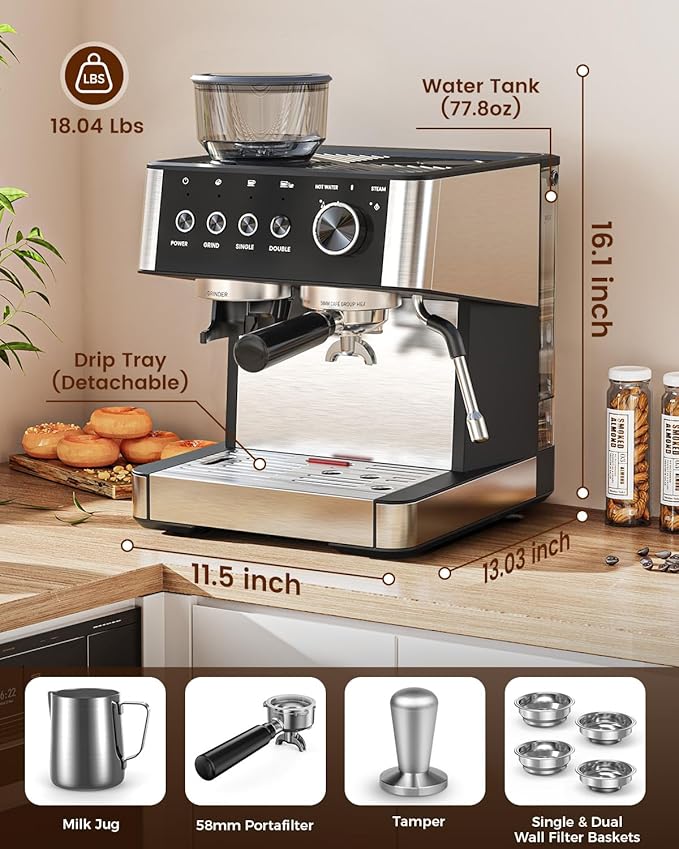 Espresso Machine with Grinder, 20 Bar Expresso Coffee Machines with Milk Frother Steam Wand, Professional Espresso Maker with Removable Water Tank, Cappuccino & Latte Machine for Home