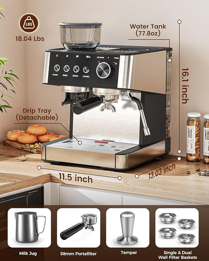 Espresso Machine with Grinder, 20 Bar Expresso Coffee Machines with Milk Frother Steam Wand, Professional Espresso Maker with Removable Water Tank, Cappuccino & Latte Machine for Home
