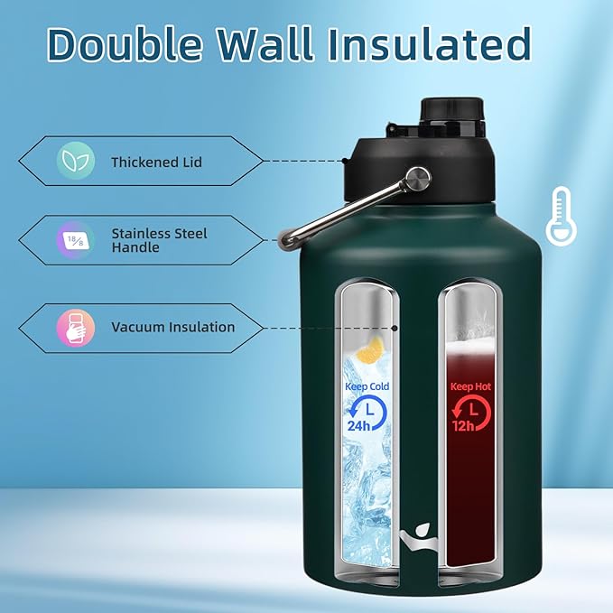 1 Gallon Jug with Handle,128 oz Insulated Water Bottle with Carrying Pouch, Double Wall Vacuum Stainless Steel Metal Bottle,Dark Green