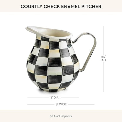 MACKENZIE-CHILDS Enamel Pitcher with Spout for Water, Cut Flowers, and Home Decor, 3 Quarts, Black-and-White Courtly Check