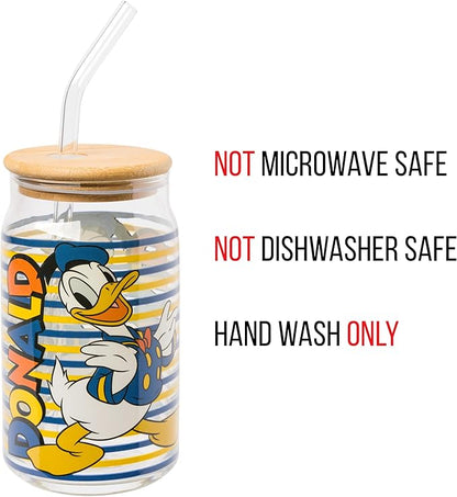 Silver Buffalo Disney Mickey and Friends Donald Duck Blue and Yellow Stripes Glass Jar Tumbler with Bamboo Lid and Glass Straw, 16 Ounces