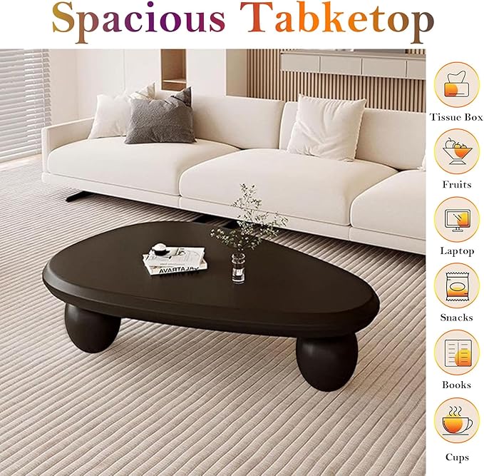 Cream Style Coffee Table with Spacious Smooth Tabletop & Stable Ellipsoidal Legs, Simple Stylish Center Table for Farmhouse Living Room (I-Black)