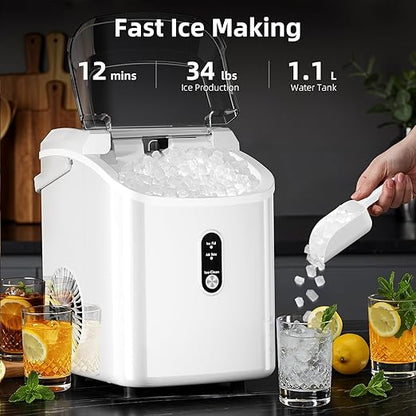 Antarctic Star Nugget Ice Maker Countertop with Soft Chewable Ice, Portable Sonic Ice Maker with Basket and Scoop, Removable Top Cover, Auto-Cleaning for Home/Party/RV/Camping