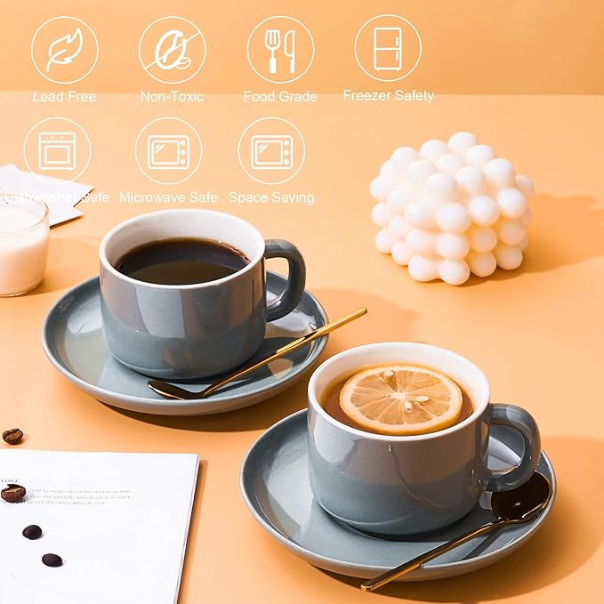 7 oz Coffee Cups with Saucers Spoons - Set of 6 Cappuccino Cups, Grey Porcelain Cups Serving for Tea Espresso Latte Mocha