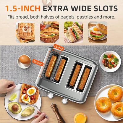 Grey Toaster 4 Slice, Dual Independent Controls, Extra Wide Slot Toasters for Bagel, Bread, Waffles, 7 Shade Settings, 4 Main Functions, Removable Crumb Tray, 1500 Watts, Grey Stainless Steel