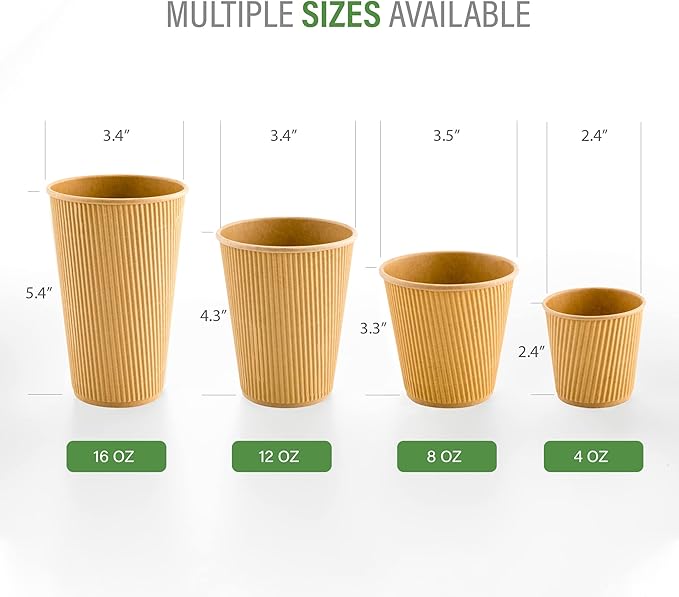 Restaurantware 8 Ounce Double Wall Disposable Coffee Cups, 500 Insulated Kraft Paper Tumblers with Ripple Wall Design, Lids Sold Separately for Hot Drinks like Tea, Hot Chocolate, and More