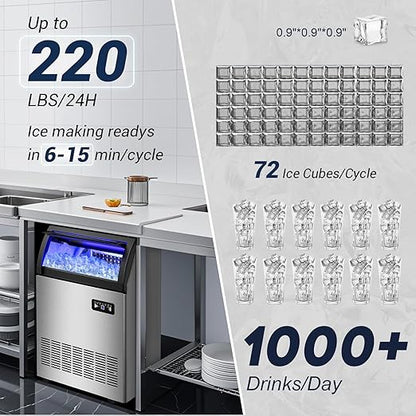 220LBS Commercial Ice Maker Machine - 72PCS Ice Cubes per Round, Undercounter/Freestanding Ice Machine, 55LBS Ice Storage Capacity for Home Bar and Outdoor, Stainless Steel Self-Cleaning