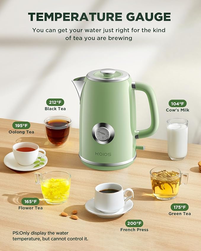 Electric Kettle 1.8L with Temperature Gauge, 1500W Fast Boiling Electric Tea Kettle, 100% Stainless Steel Retro-Style Hot Water Kettle Electric - Glowing LED Light, Auto Shut-Off & Boil-Dry Protection