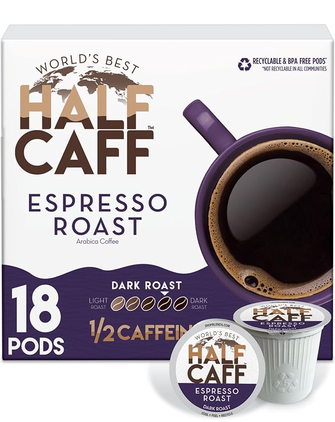 World's Best Half Caff Espresso Roast Coffee Pods, 18 ct, Dark Roast in Recyclable Single Serve Pods – 100% Arabica Coffee, Compatible with Keurig K Cups Maker