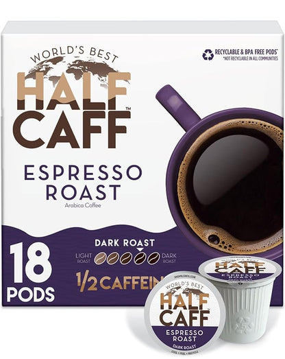 World's Best Half Caff Espresso Roast Coffee Pods, 18 ct, Dark Roast in Recyclable Single Serve Pods – 100% Arabica Coffee, Compatible with Keurig K Cups Maker