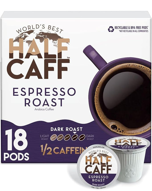 World's Best Half Caff Espresso Roast Coffee Pods, 18 ct, Dark Roast in Recyclable Single Serve Pods – 100% Arabica Coffee, Compatible with Keurig K Cups Maker