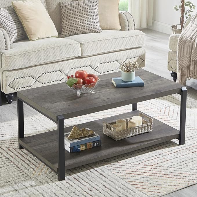 EXCEFUR Coffee Table with Storage Shelf, Rustic Wood and Metal Cocktail Table for Living Room, Grey