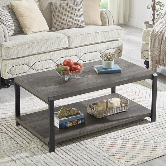 EXCEFUR Coffee Table with Storage Shelf, Rustic Wood and Metal Cocktail Table for Living Room, Grey