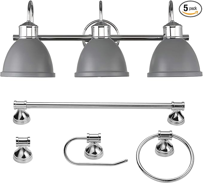 GLOBE Electric Sydney 5-Piece Bathroom Set, Matte Gray and Chrome, 3-Light Vanity Light, Towel Bar, Towel Ring, Robe Hook, Toilet Paper Holder