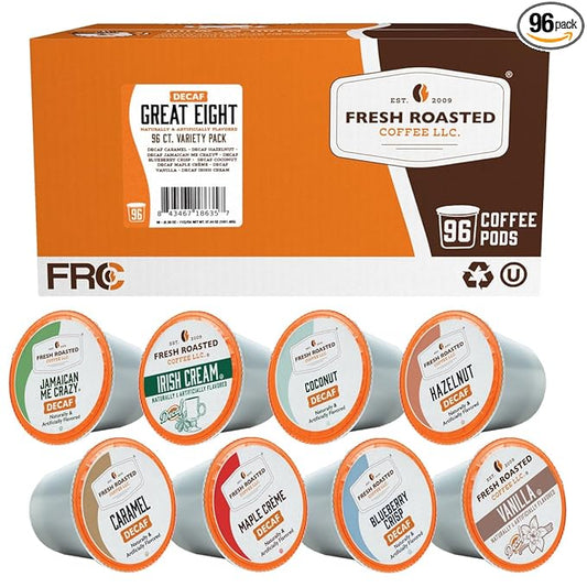 Fresh Roasted Coffee, The Decaf Great Eight, Flavored Coffee Pod Variety Pack, K-Cup Compatible, 96 Count