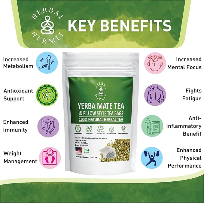 Herbal Hermit Yerba Mate herbal-teas with 50 tea bags Natural Yerba Matte Rich in Chlorophyll, Made in USA
