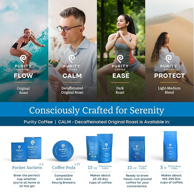 Purity Coffee CALM Decaf Ground Coffee - Natural Water Decaffeinated Coffee - USDA Organic and Third-Party Tested for Antioxidants, Mold, Mycotoxins and Pesticides - 12oz (Purity Calm, medium_roast) | Ground| CALM