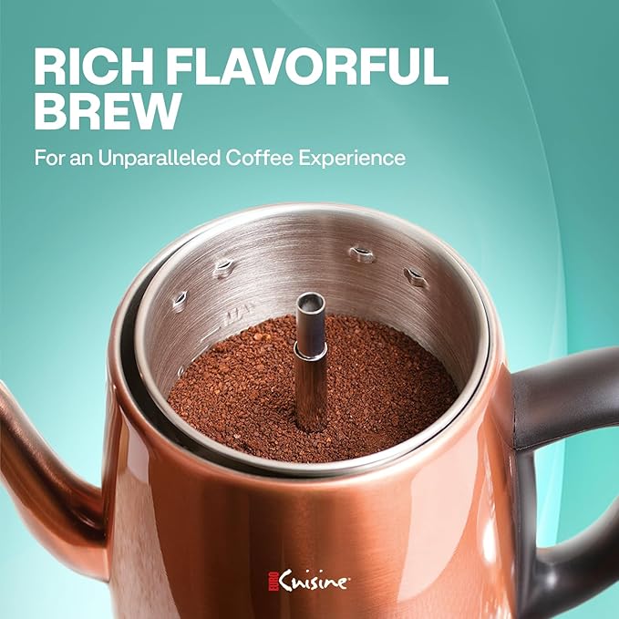 Euro Cuisine PER08 Stainless Steel Electric Coffee Percolator, 8 Cup, Polished Copper Finish, Dripless Gooseneck Spout, Clear Glass Knob, Brewing Indication, Keep-Warm Function, Detachable Cord
