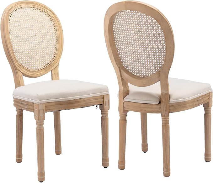 French Country Dining Chairs Set of 2, Vintage Wooden Dining Chairs with Fabric Upholstered Seat&Rattan Oval Backrest,Solid Wood Legs&Frame, Farmhouse Kitchen&Living Room Chairs(Beige,2 Pcs)