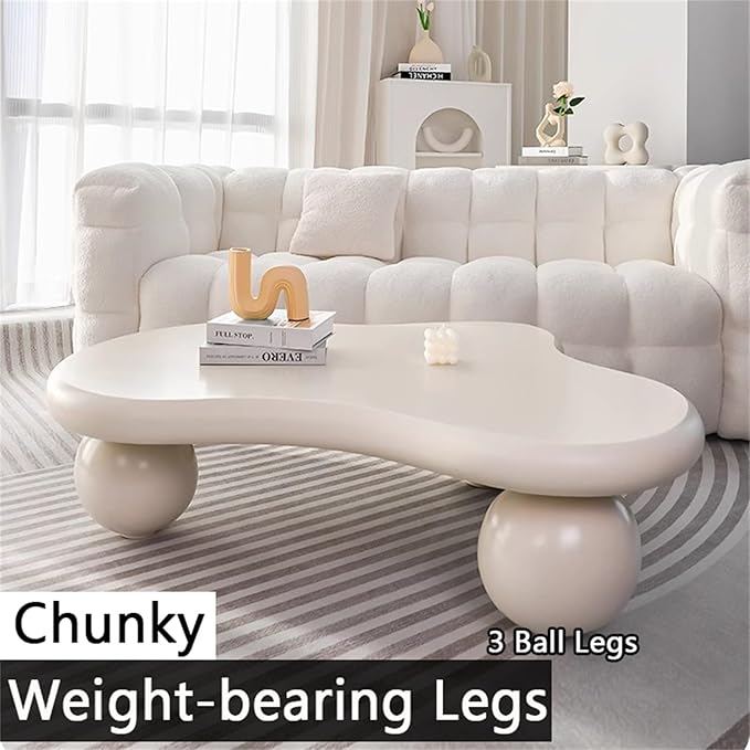 Cloud Coffee Table, Modern Coffee Table for Living Room Apartment, Cartoon Irregular Indoor Tea Table, Cute End Table with Ball 3 Legs, Easy Assemble,White l47.2