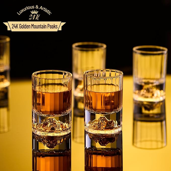 DUJUST 【2025 New Design】 Gold Mountain Shot Glasses (1.5oz), Crystal Shot Glass Set Decorated with 24K Gold Mountain, BPA-Free & Lead-Free, Perfect for Décor & Collection, Gift Choices - 6 pcs