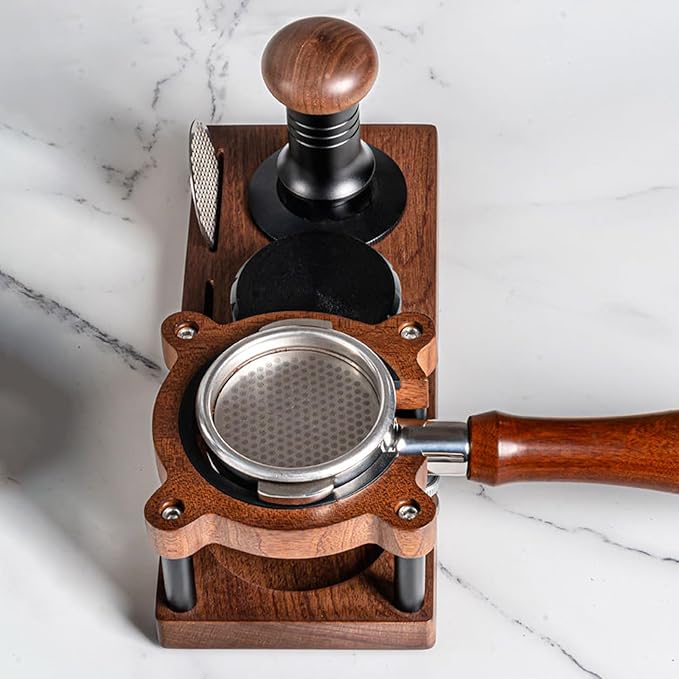 Solid Wood Espresso Tamping Station - Adjustable Height 51-58mm Coffee Tamper & Portafilter Holder, Non-Slip Multi-Functional Espresso Organizer for Coffee Accessories Storage，Portafilter Holder