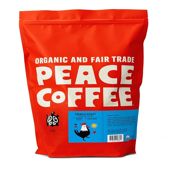Peace Coffee French Roast | 5 lb Ground Dark Roast | Organic Fair Trade | Soft, Gentle Flavor | Shade Grown, Fresh Roasted