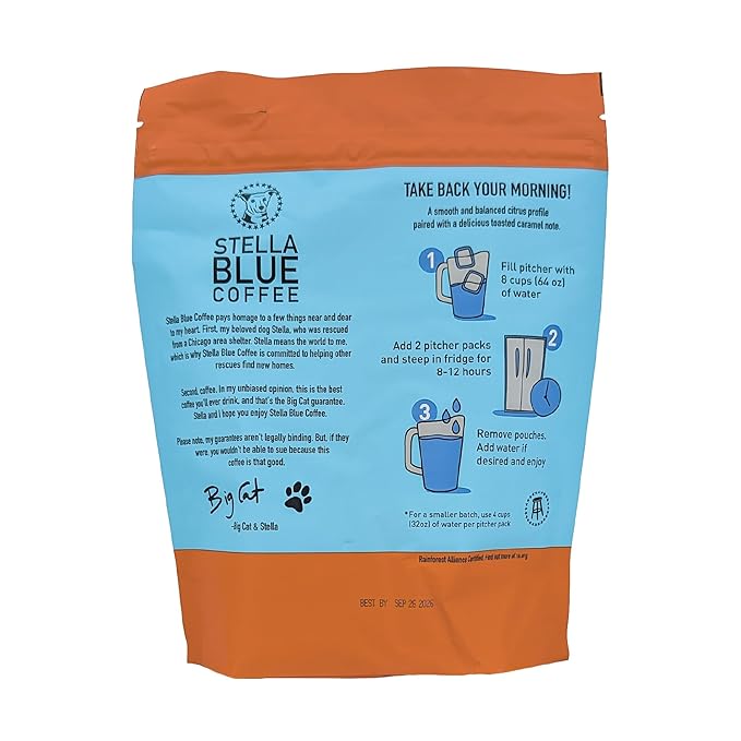 Stella Blue Cold Brew Coffee Bags, Miss Peaches Blend, Medium Roast Ground Coffee, Smooth, Bold and Refreshing 100% Arabica, 6 Brew Packets, Makes 24 Cups, Rainforest Alliance Certified