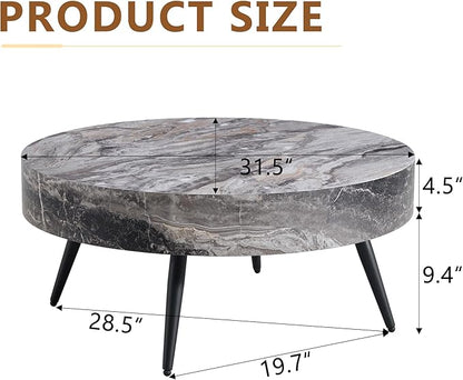 31.5" Modern Round Coffee Table,Small Coffee Tables Center Table with Metal Legs Marble-Patterned Tabletop for Living Room Office Apartment,Easy to Assemble, Grey Marble