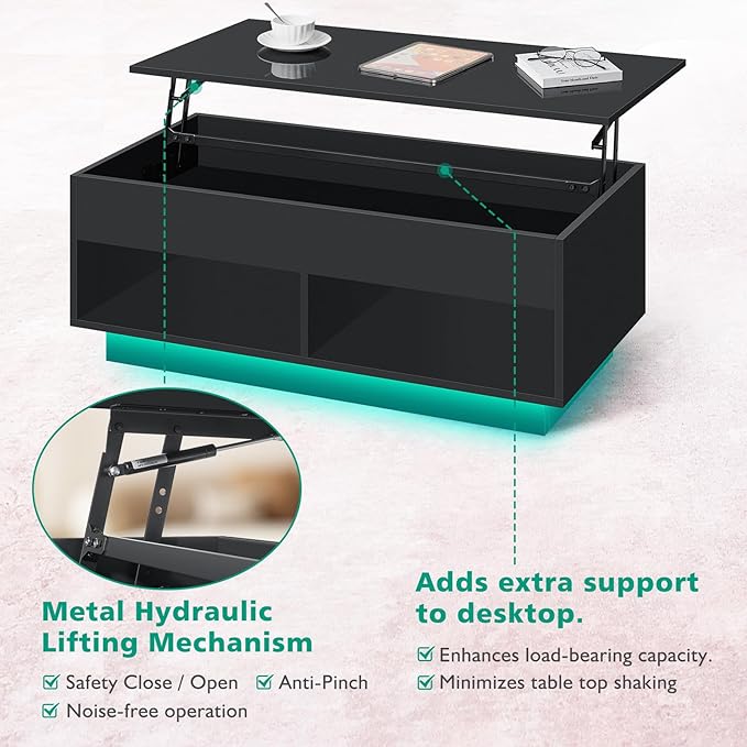 HOMMPA 40" Modern LED Coffee Table with Storage for Living Room, Lift Top Coffee Table with 2 Shelves, High Glossy Wooden Dining Table, Multifunctional Furniture for Bedroom Home Office, Black