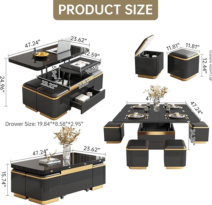 Multifunctional Lift Top Coffee Table, Extendable Coffee Table with 4 Storage Stools, Space Saving Folding Dining Table for Living Room, Office, Small Space