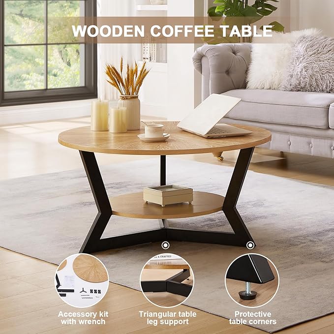 Round Wood Coffee Table for Living Room, 2-Tier Rustic Circle Coffee Table with Storage, 35”x 17” Real Wood Desktop with Metal Frame, Radial Pattern