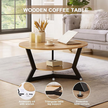 Round Wood Coffee Table for Living Room, 2-Tier Rustic Circle Coffee Table with Storage, 35”x 17” Real Wood Desktop with Metal Frame, Radial Pattern
