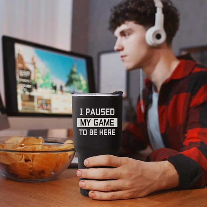 COMOOO I Paused My Game To Be Here Gifts for Teen Boys Girls Gamers, 30 oz Black Insulated Stainless Steel Tumbler with Lid, Funny PC Gamer Humor Joke for Husband Kids Teens Boyfriends Mug Cup