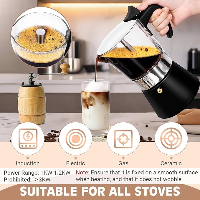 Induction Moka Pot, 9 Cups (15.9 oz) Crystal Glass-Top & Stainless Steel Moka Pot, Classic Stovetop Espresso Maker, Black
