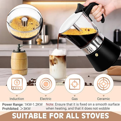 Induction Moka Pot, 9 Cups (15.9 oz) Crystal Glass-Top & Stainless Steel Moka Pot, Classic Stovetop Espresso Maker, Black