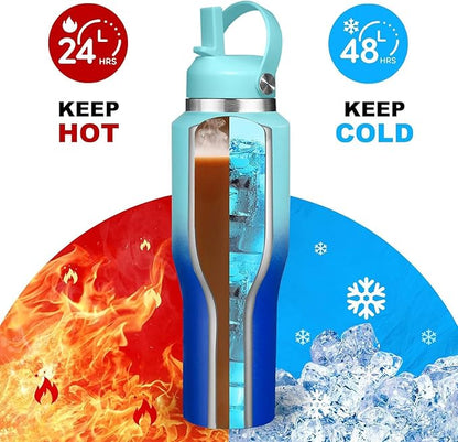 SENDESTAR 40oz Stainless Steel Water Bottle(Cold for 48 Hrs, Hot for 24 Hrs),Double Wall Vacuum Insulated Bottle with Straw Lid, Spout Lid and Flex Cap, Fit in Any Car Cup Holder