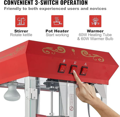 VEVOR Commercial Popcorn Machine, 8 Oz Kettle, 850 W Popcorn Maker on Wheels for 48 Cups per Batch, Theater Style Popper with 3-Switch Control Steel Frame Tempered Glass Doors Cart 1 Scoop 2 Spoons