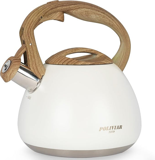 POLIVIAR Tea Kettle, 2.7 Quart White Finish with Wood Pattern Handle Loud Whistle Food Grade Stainless Steel Teapot, Anti-Hot Handle and Anti-Rust, Suitable for All Heat Sources JX2025-BW30