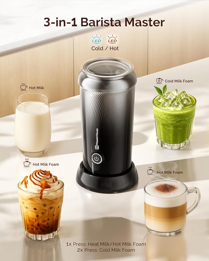 Maestri House Milk Frother, 3-in-1 Hot & Cold Mik Frothing Steamer, 8.12OZ/240ML Touch Control Foam Maker, Compact Space-saving Design for Latte, Cappuccino and Warm Milk