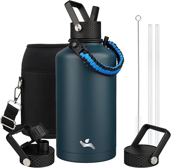 Insulated Water Bottle with Straw,87 oz 3 Lids Water Jug with Carrying Bag,Paracord Handle,Double Wall Vacuum Stainless Steel Metal Flask,Navy Blue