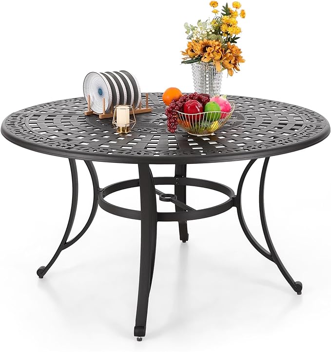 PHI VILLA Round Patio Dining Tables for 6 Person, Outdoor Aluminum Table 54" Dia with 2.1" Umbrella Hole, Lawn Garden Tables for All Weather