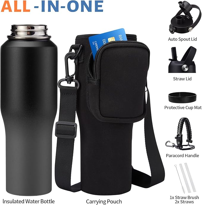 Insulated Water Bottle Fit in Car Cup Holder - 32oz Stainless Steel Tumblers with Straw & Spout Lids, Paracord Handle, Carrier Bag & Bottle Boot, Insulated Tumbler Mug Keep Cold-48H &Hot-12H