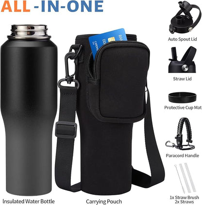 Insulated Water Bottle Fit in Car Cup Holder - 32oz Stainless Steel Tumblers with Straw & Spout Lids, Paracord Handle, Carrier Bag & Bottle Boot, Insulated Tumbler Mug Keep Cold-48H &Hot-12H