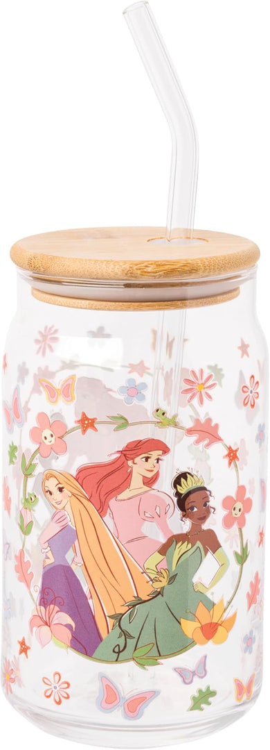 Silver Buffalo Disney Princesses Featuring Rapunzel Tangled, Ariel Little Mermaid, Tiana Princess and the Frog Spring Floral Glass Jar Tumbler with Bamboo Lid and Glass Straw, 16 Ounces
