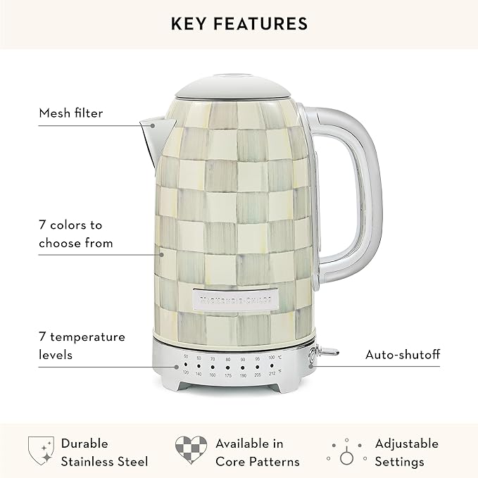 MACKENZIE-CHILDS Electric Kettle, Stainless-Steel Tea Kettle, Gray-and-White Sterling Check
